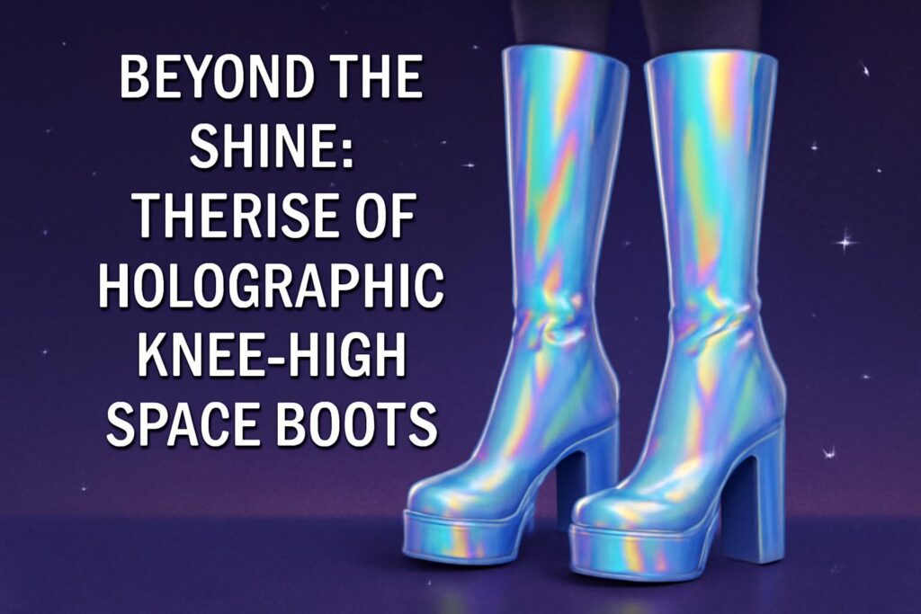 A pair of shimmering holographic knee-high space boots reflecting rainbow colors under bright lighting.