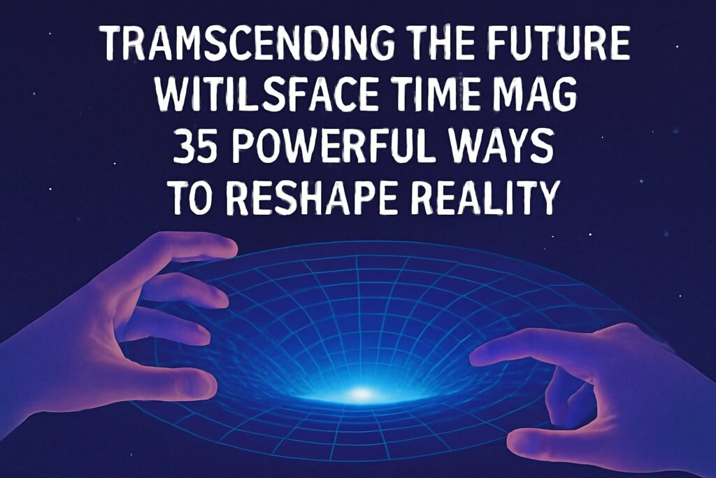 Hands controlling a glowing space-time vortex with the title 'Transcending the Future with Space-Time Magic.'
