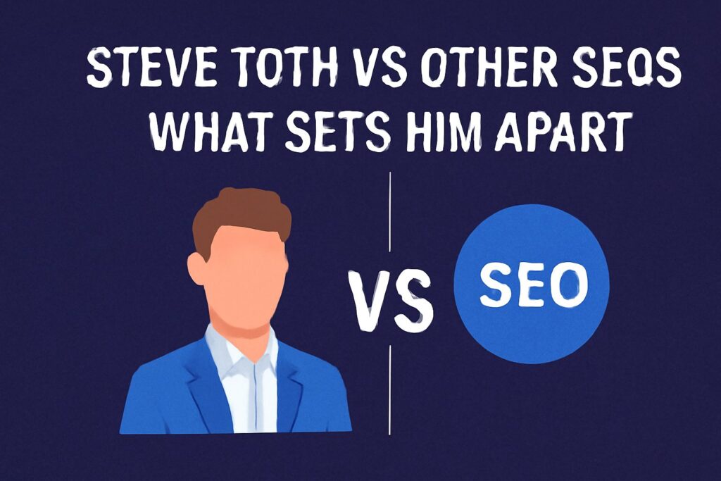 Comparison between Steve Toth and other SEOs, with a minimalist illustration of Steve Toth and a blue 'SEO' circle, set against a deep purple background.