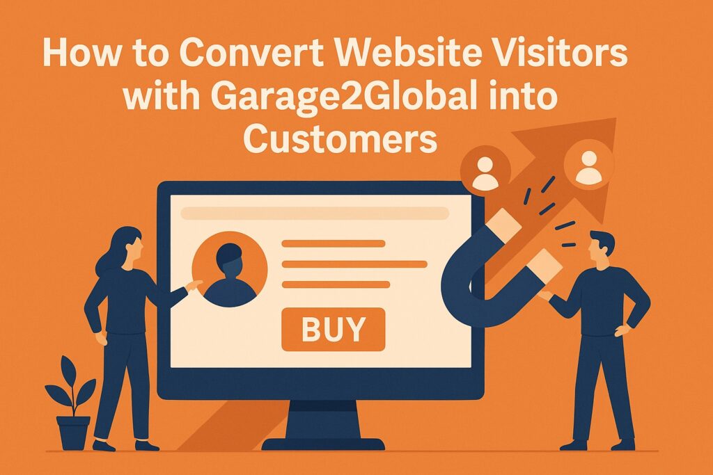 Illustration of a man and woman converting website visitors using a magnet and a 'BUY' button on a screen, representing Garage2Global's strategy.