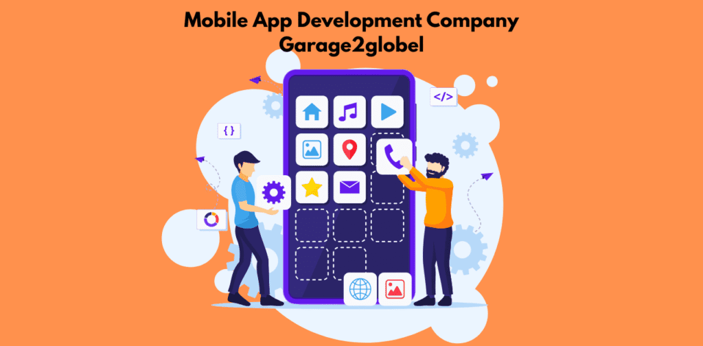 Illustration of a man using a mobile phone beside a large smartphone interface, symbolizing Garage2Global’s expertise in custom and cross-platform mobile app development.